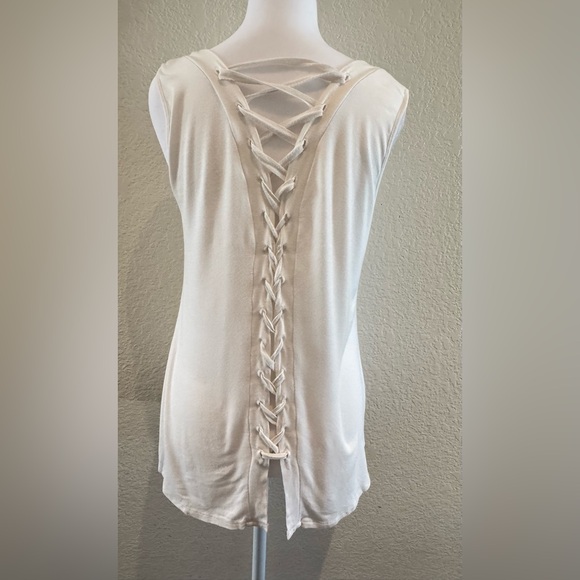 Cable & Gauge Tops - Cable & Gauge - Laced-Up Back V- Neck Tank- Ivory Size M